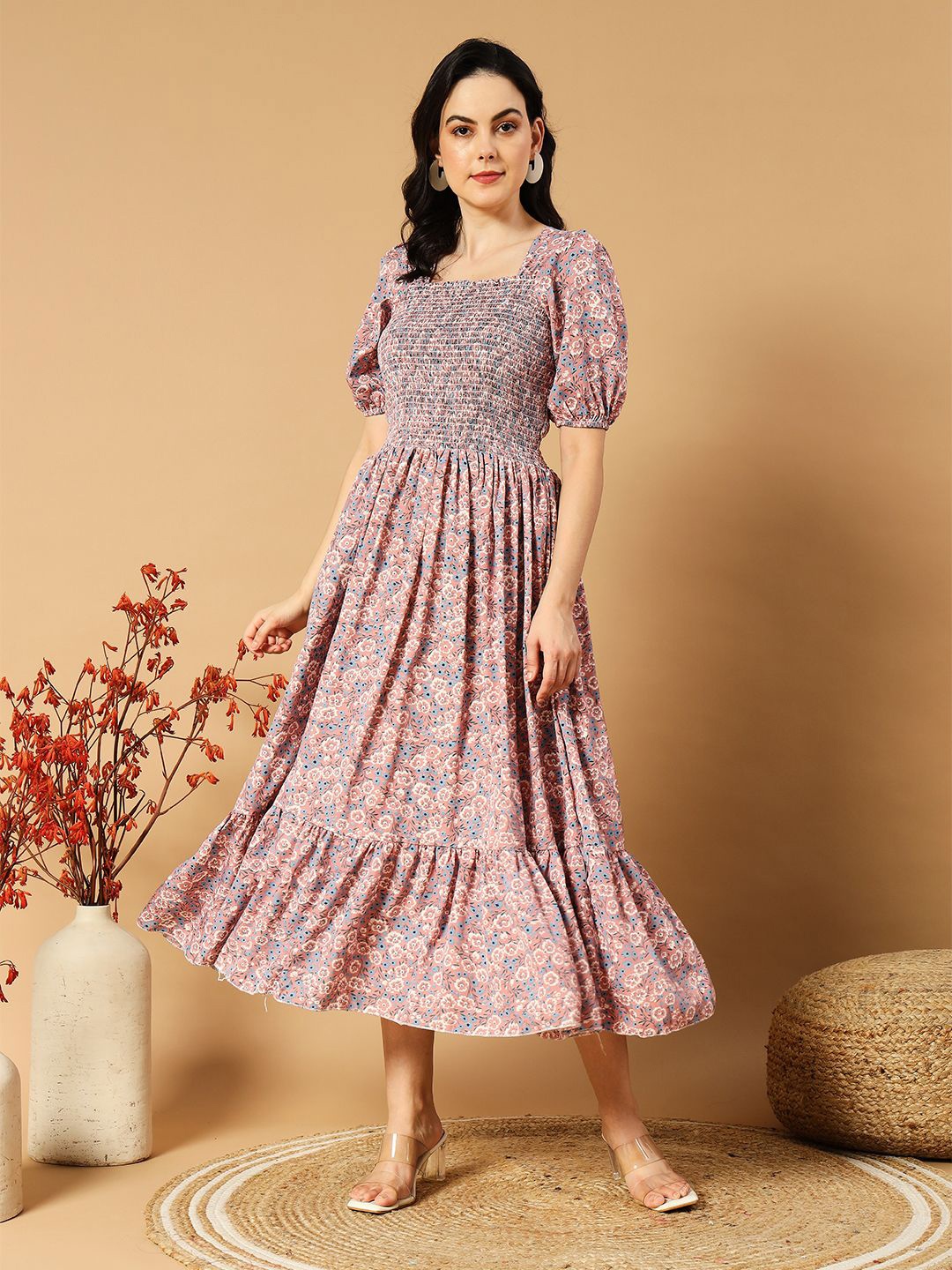 

STARWORD Women Floral Printed Fit & Flare Midi Dress, Peach