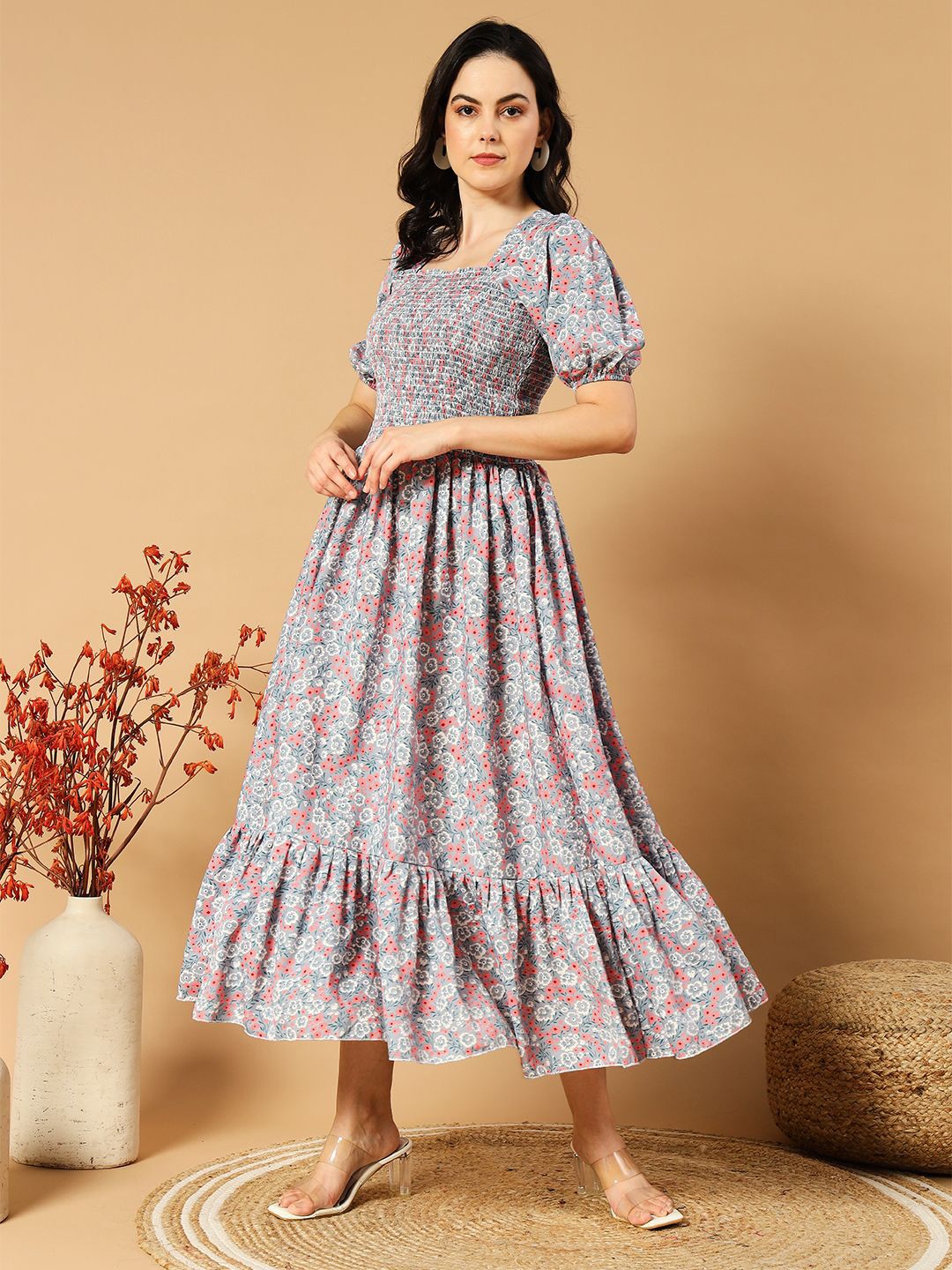 

STARWORD Floral Printed Smocked Tiered Fit & Flare Midi Dress, Grey