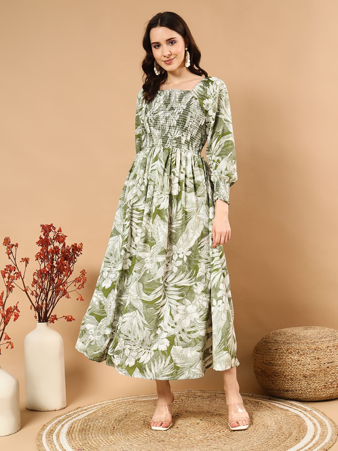 

STARWORD Floral Printed Fit & Flare Midi Dress, Green
