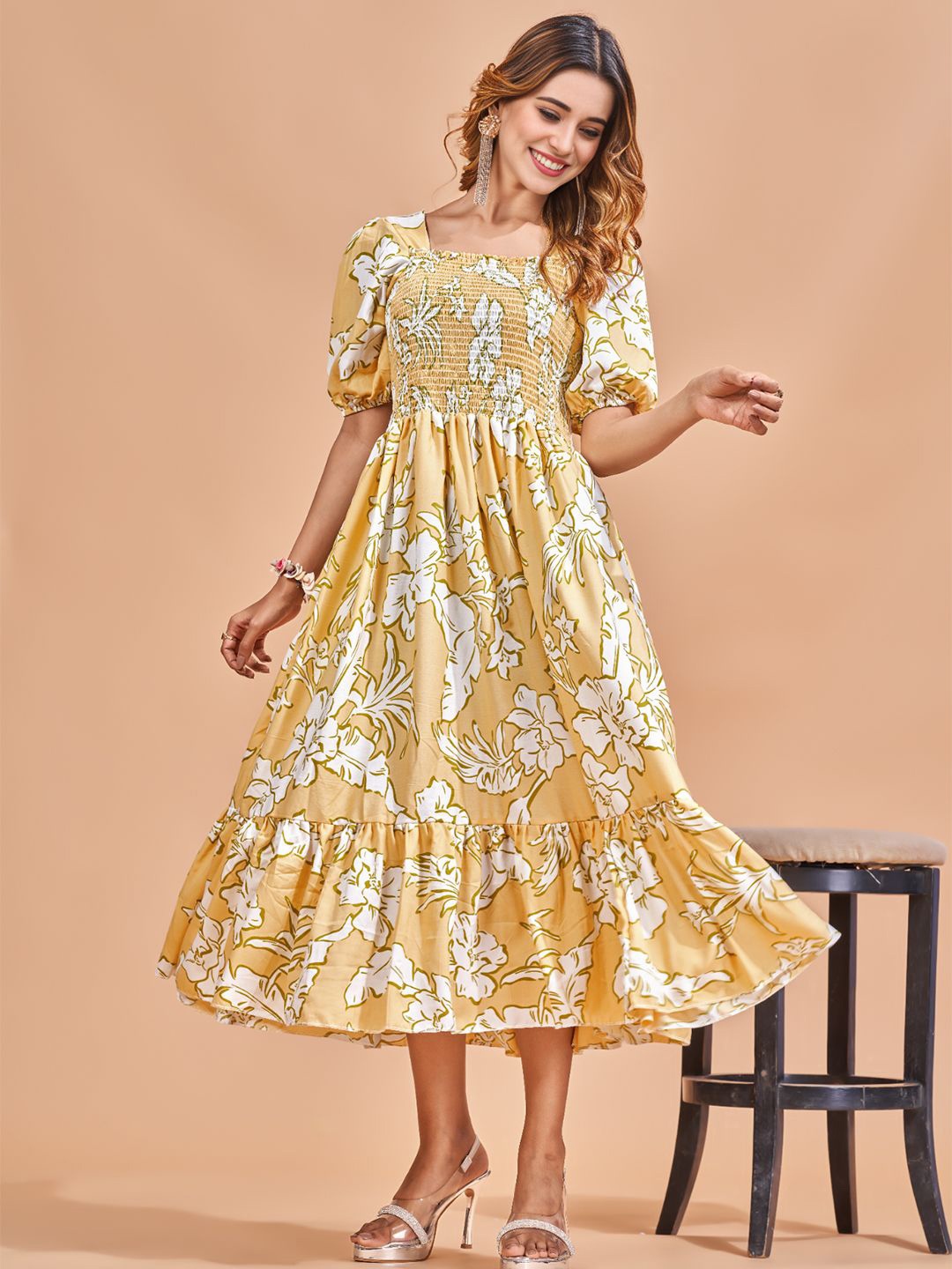 

STARWORD Women Floral Printed Smocked Tiered Fit & Flare Dress, Yellow