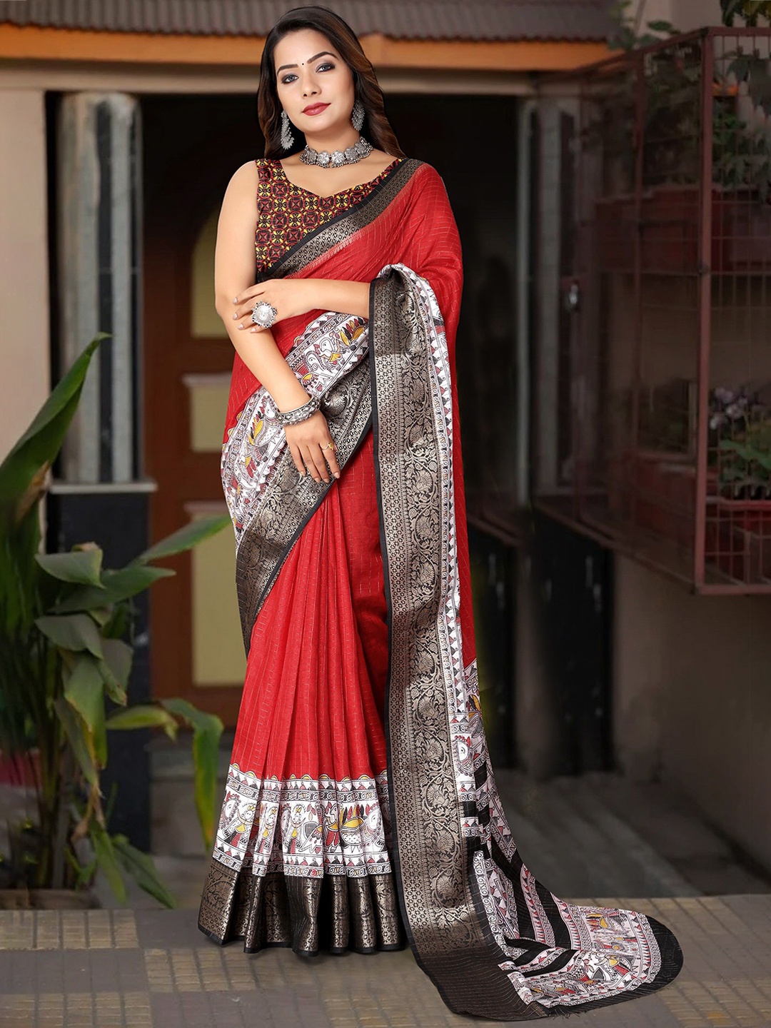 

J 6 DESIGNER Kalamkari Printed Woven design Zari Saree, Red