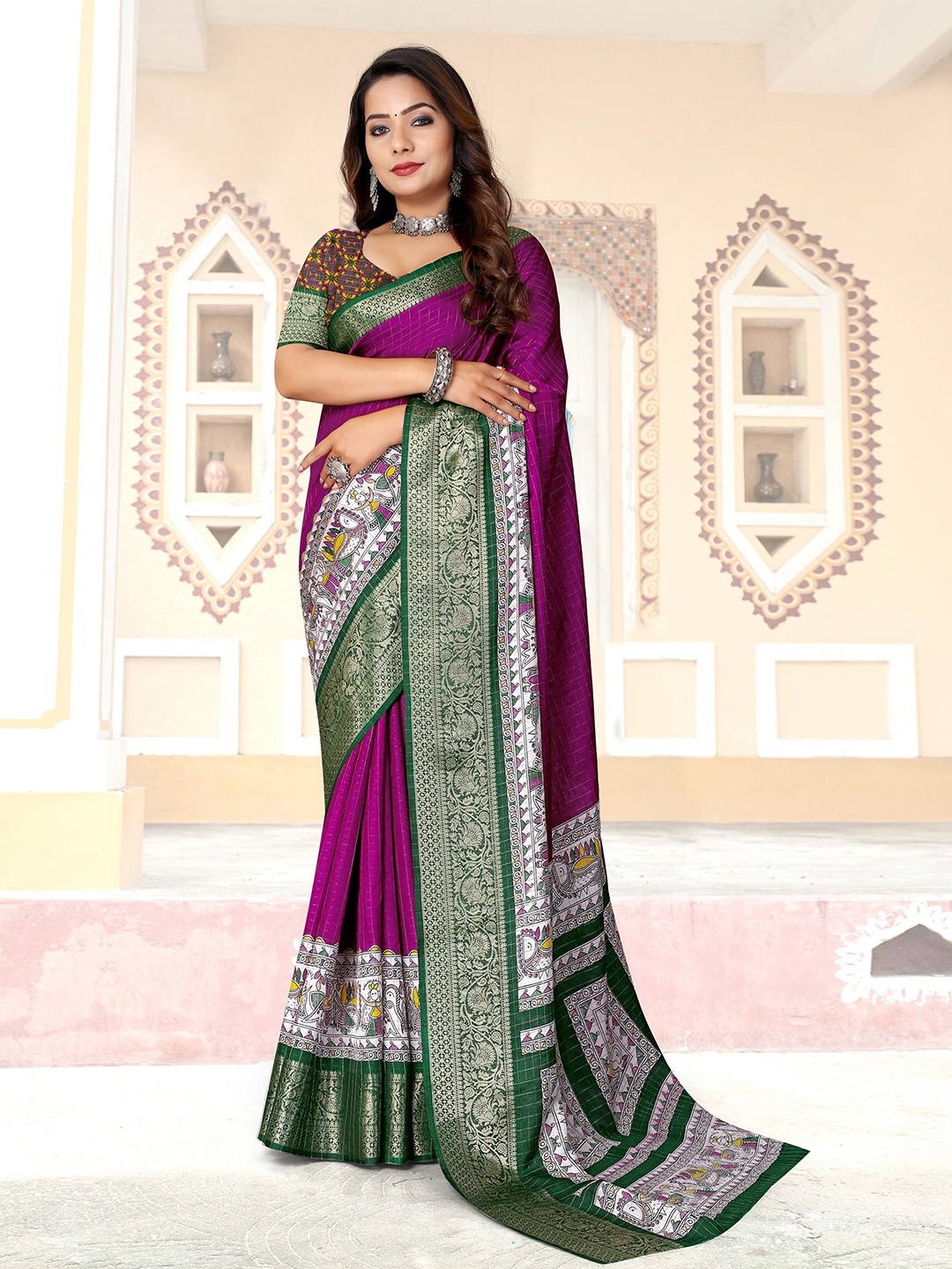 

J 6 DESIGNER Checked Printed Zari Saree, Purple