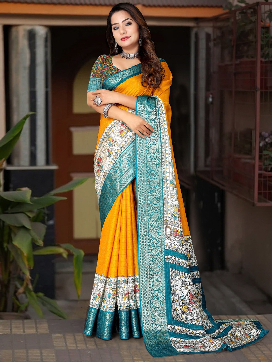 

J 6 DESIGNER Kalamkari Printed Woven design Zari Saree, Yellow