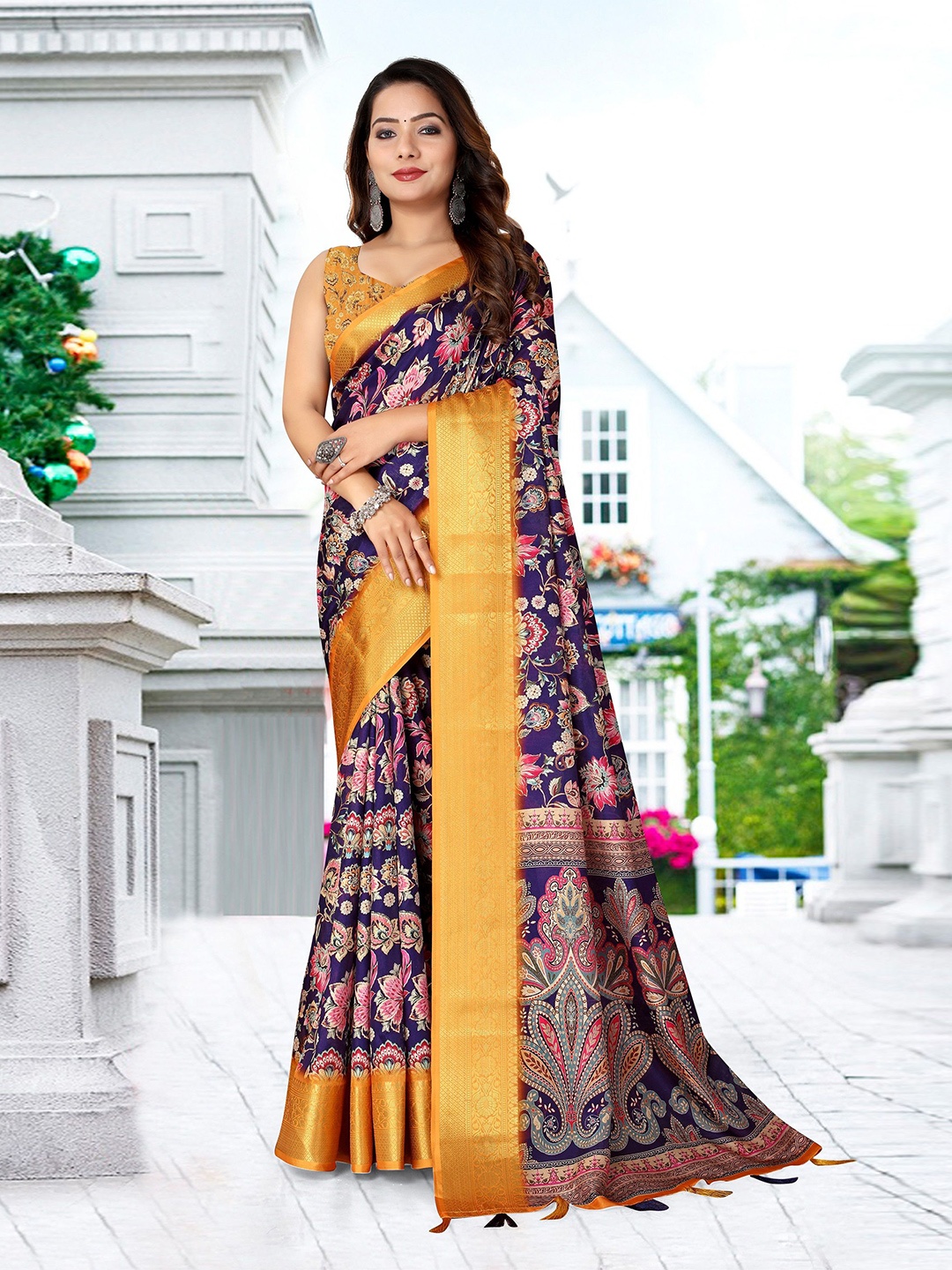 

J 6 DESIGNER Floral Printed Woven Design Zari Saree, Purple