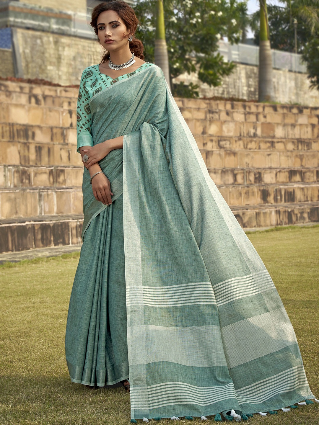 

MAHALASA Woven Design Soft Khadi Saree, Sea green