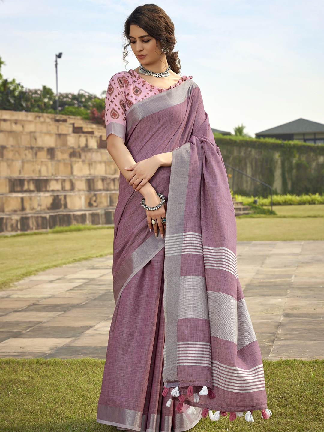 

MAHALASA Woven Design Zari Traditional Khadi Saree, Purple