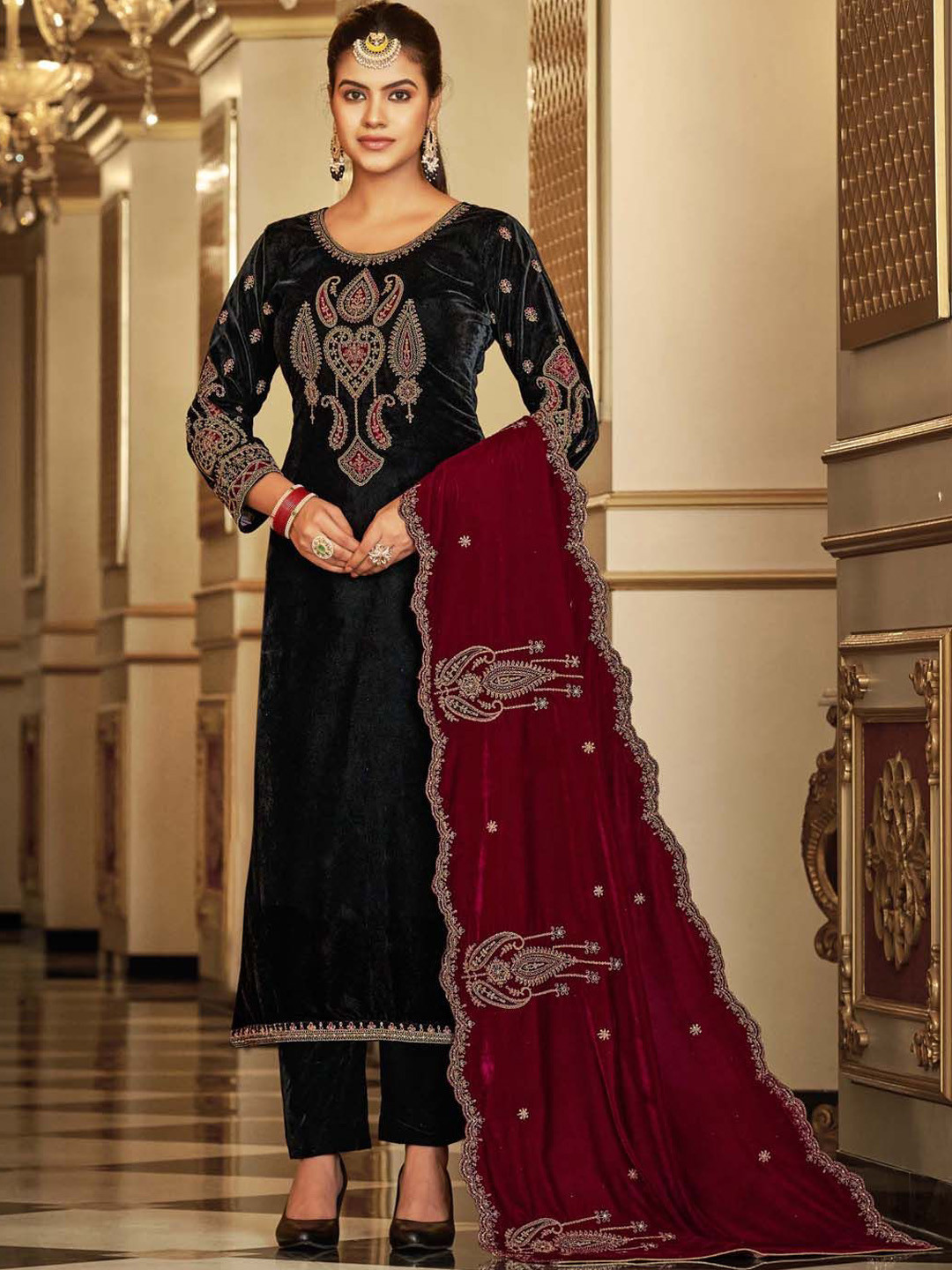 

Clora Creation Paisley Embroidered Zari Velvet Unstitched Dress Material, Black