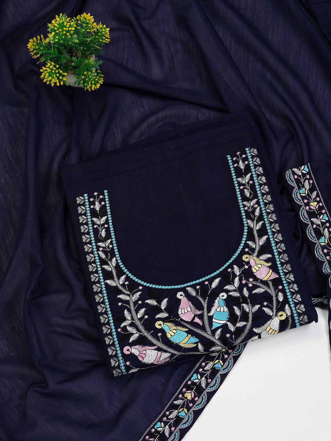 

Clora Creation Floral Embroidered Pure Cotton Unstitched Dress Material, Navy blue