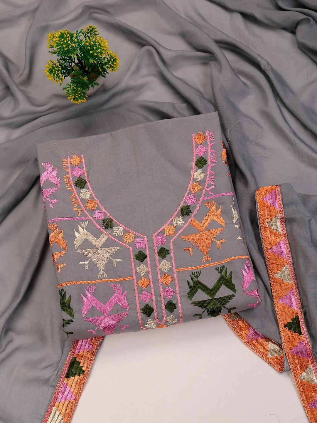 

Clora Creation Phulkari Embroidered Pure Cotton Unstitched Dress Material, Grey