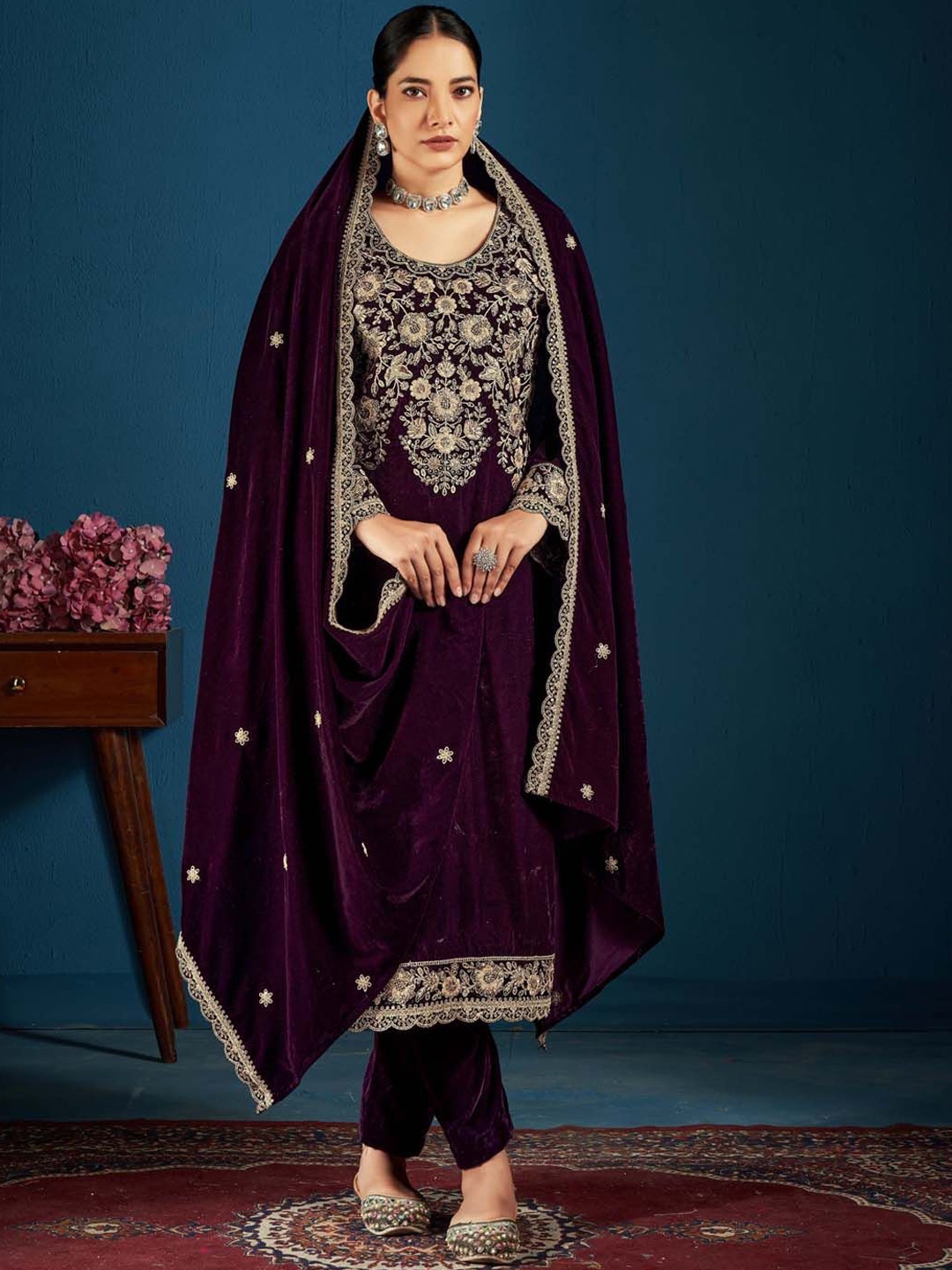 

Clora Creation Floral Embroidered Zari Velvet Unstitched Dress Material, Burgundy