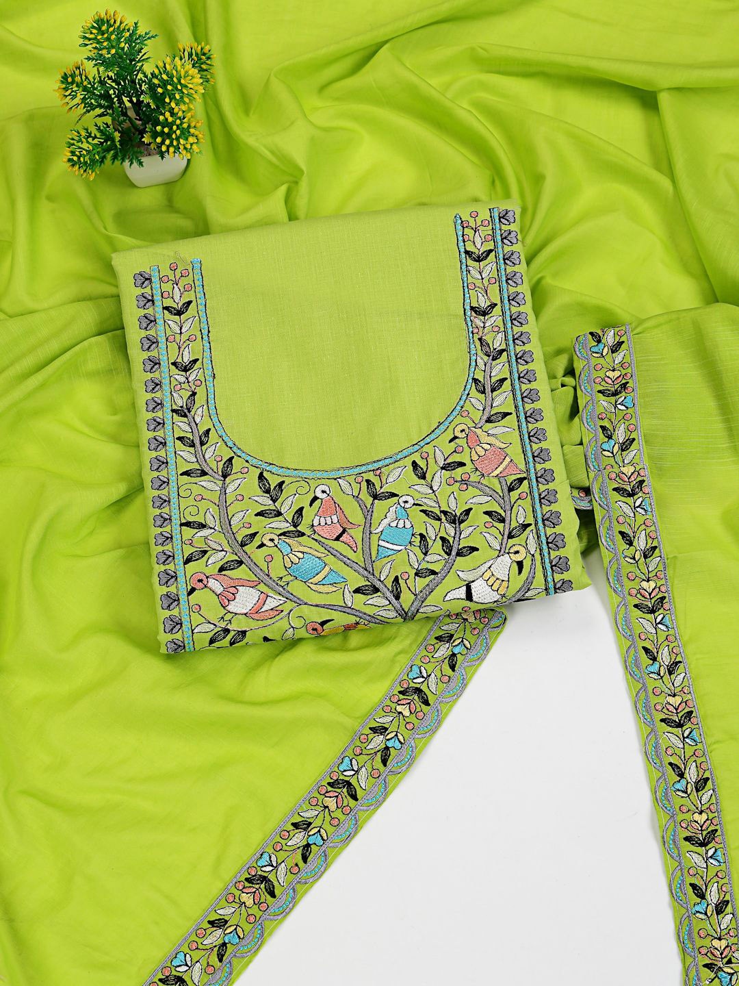 

Clora Creation Floral Embroidered Pure Cotton Unstitched Dress Material, Green