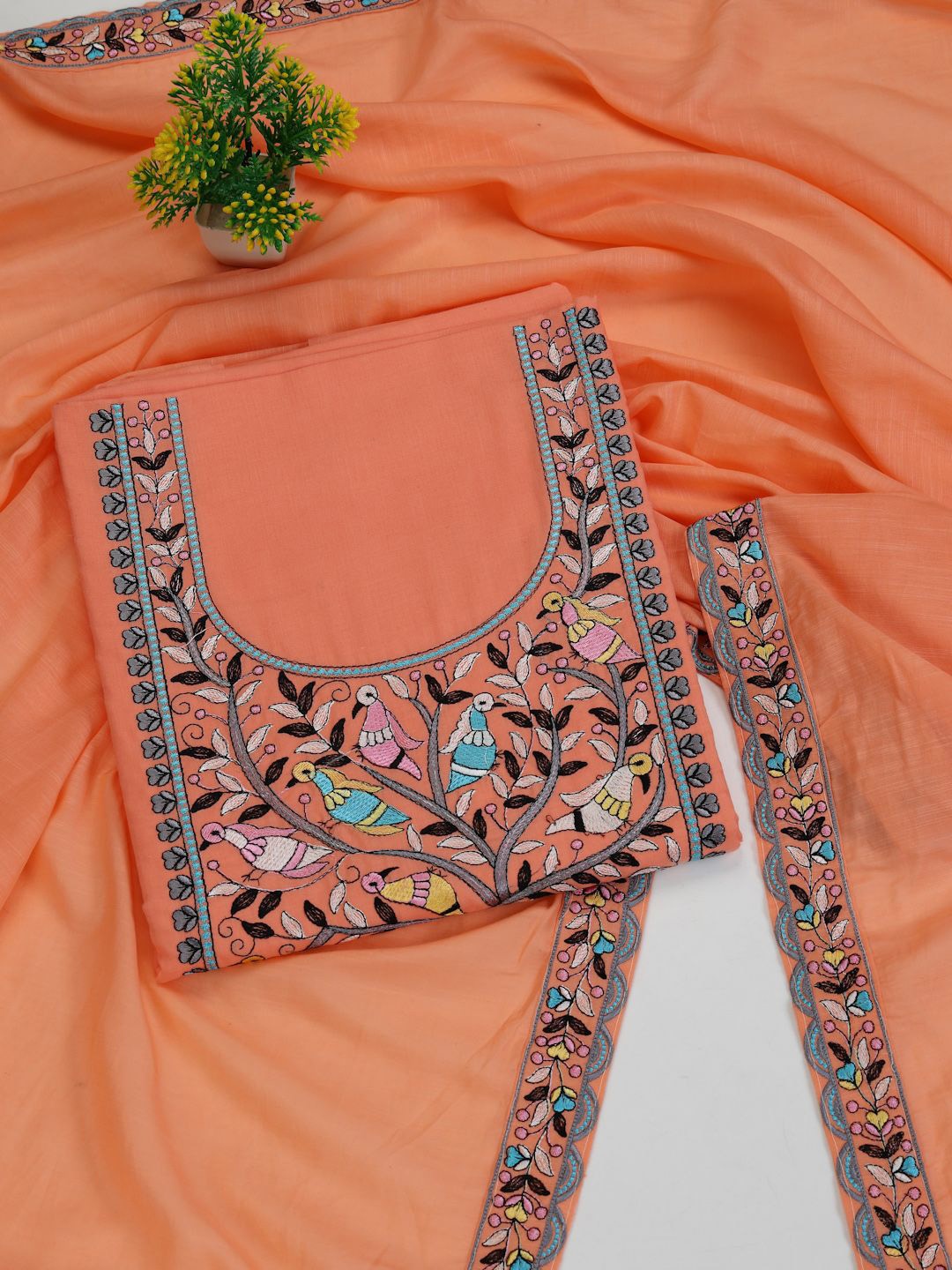 

Clora Creation Phulkari Embroidered Pure Cotton Unstitched Dress Material, Orange
