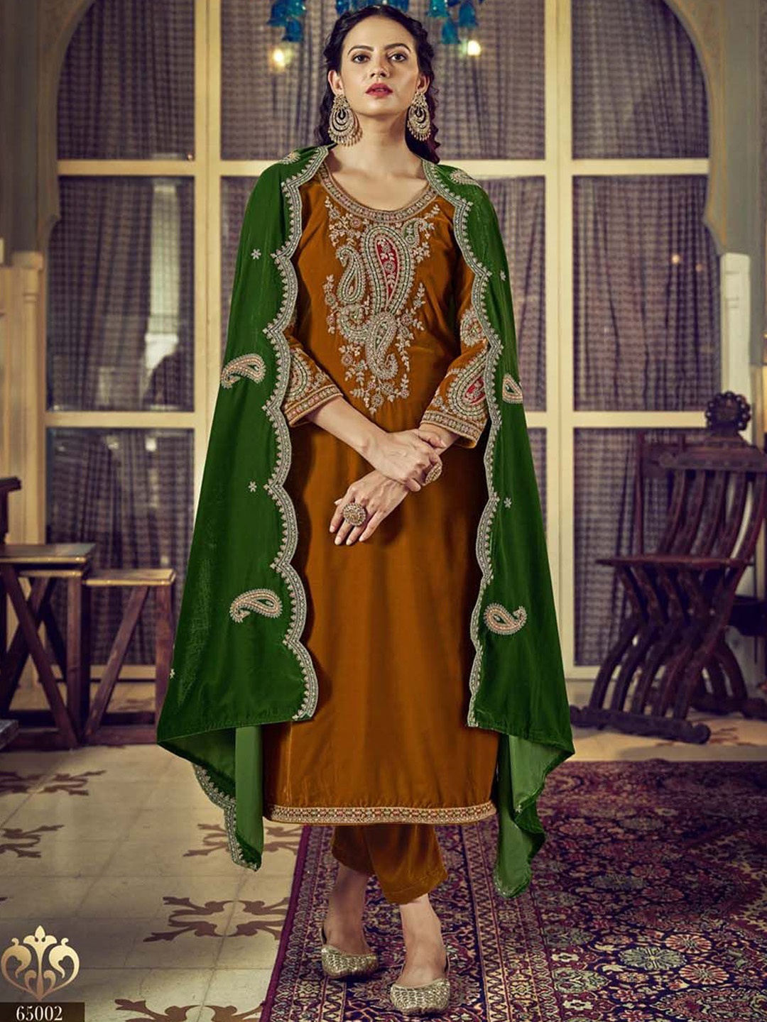 

Clora Creation Paisley Embroidered Velvet Unstitched Dress Material, Mustard