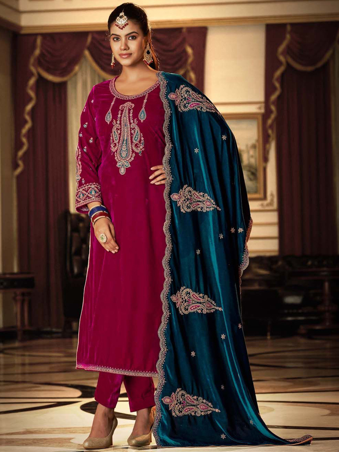 

Clora Creation Paisley Zari Embroidered Velvet Unstitched Dress Material, Magenta