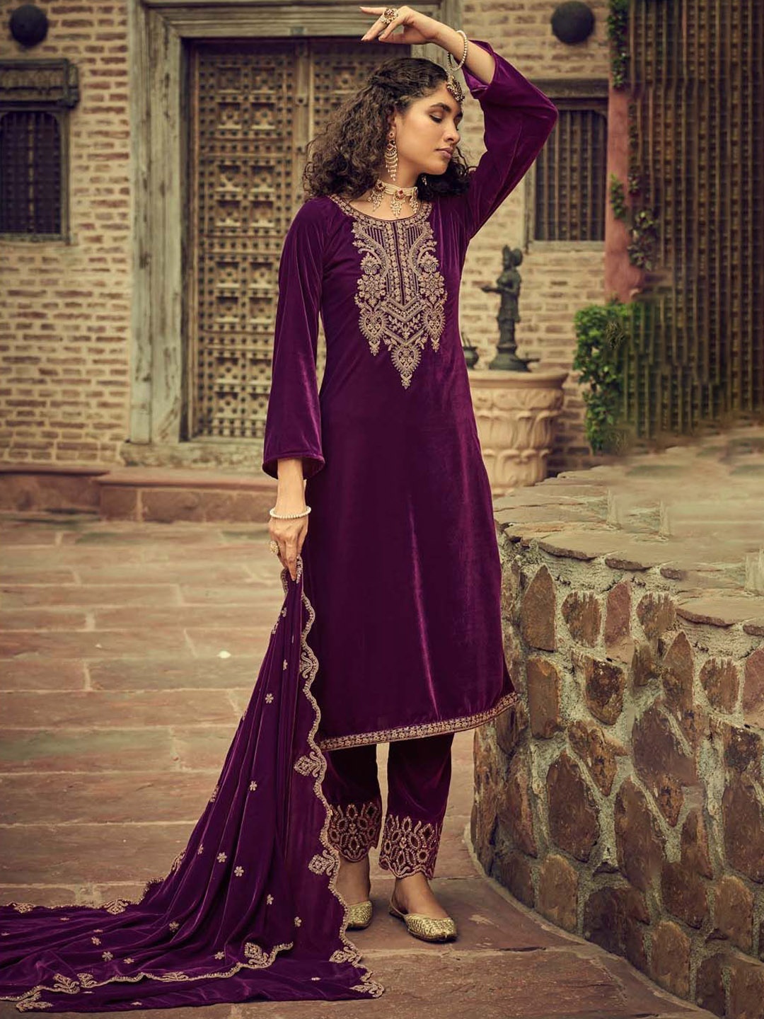 

Clora Creation Floral Embroidered Velvet Unstitched Dress Material, Purple