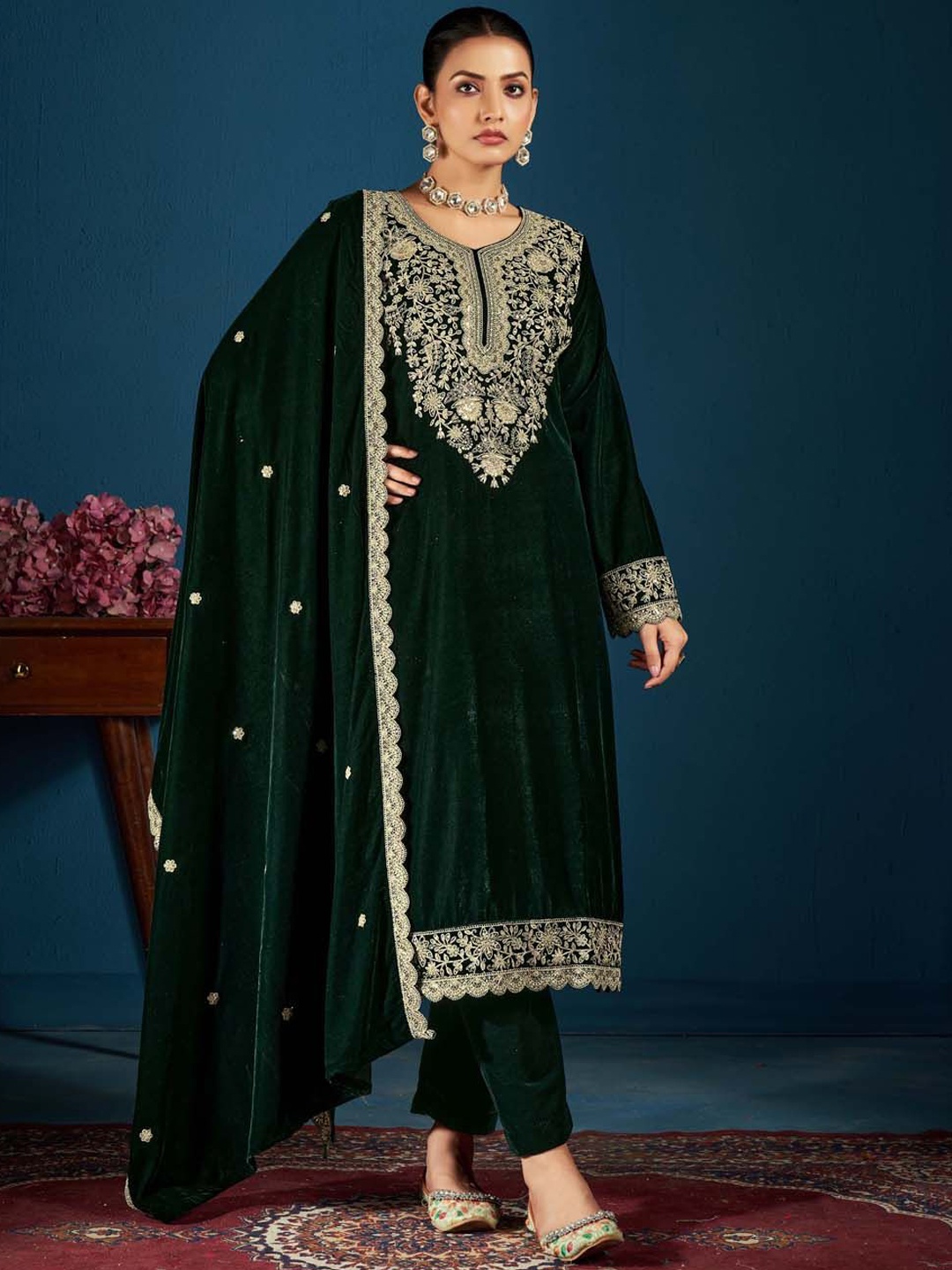 

Clora Creation Floral Embroidered Zari Velvet Unstitched Dress Material, Green
