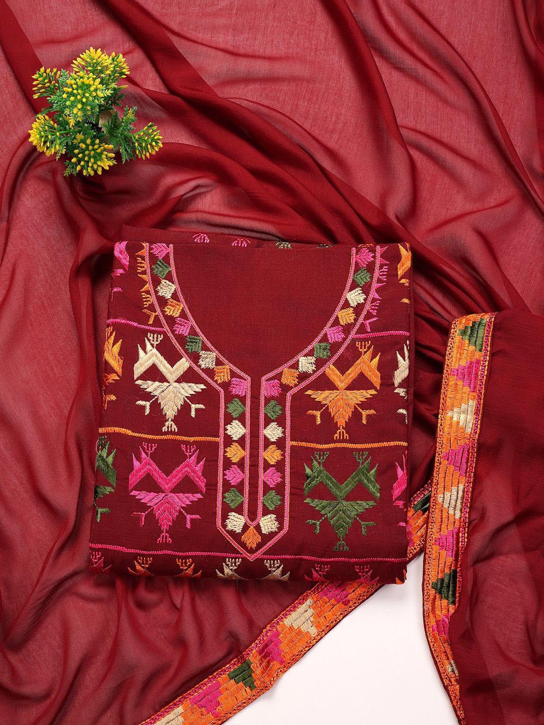 

Clora Creation Phulkari Embroidered Pure Cotton Unstitched Dress Material, Maroon