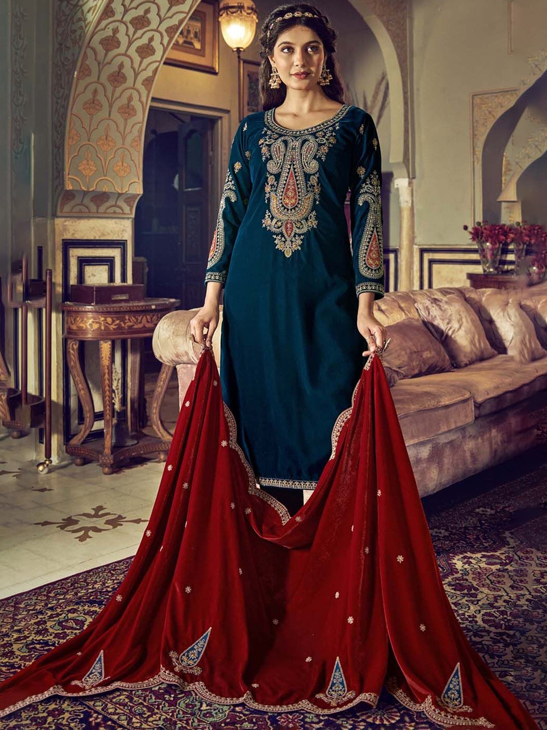 

Clora Creation Paisley Embroidered Velvet Unstitched Dress Material, Teal