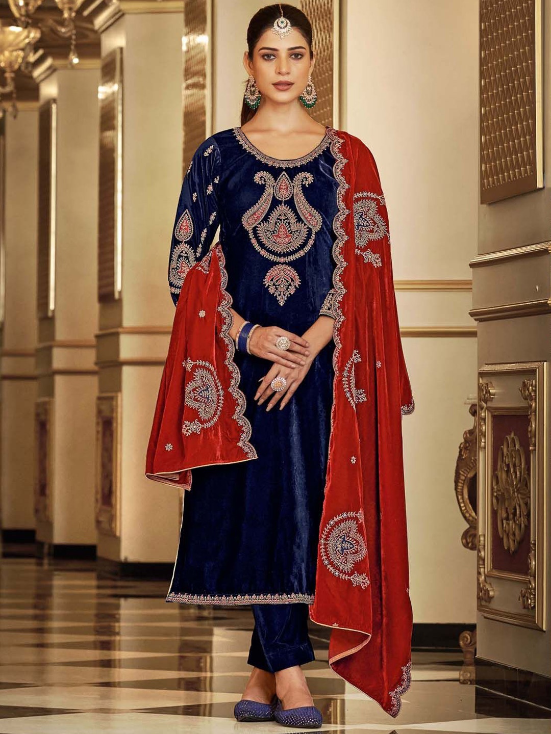 

Clora Creation Embroidered Zari Ethnic Motifs Velvet Unstitched Dress Material, Navy blue