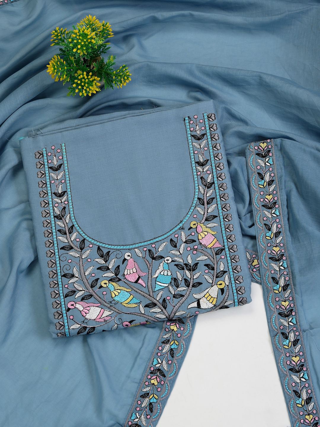 

Clora Creation Floral Embroidered Pure Cotton Unstitched Dress Material, Blue