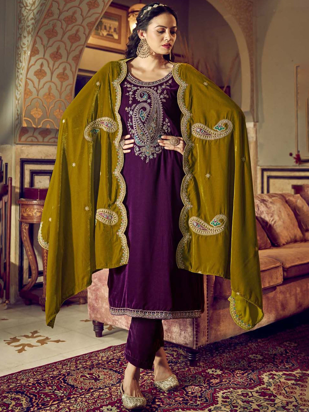 

Clora Creation Paisley Embroidered Zari Velvet Unstitched Dress Material, Purple