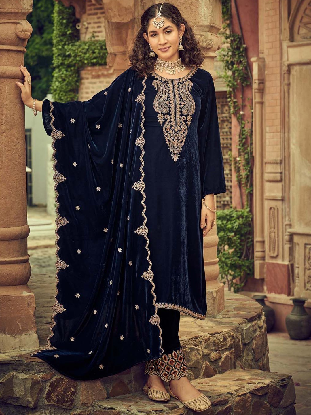 

Clora Creation Paisley Embroidered Zari Velvet Unstitched Dress Material, Navy blue