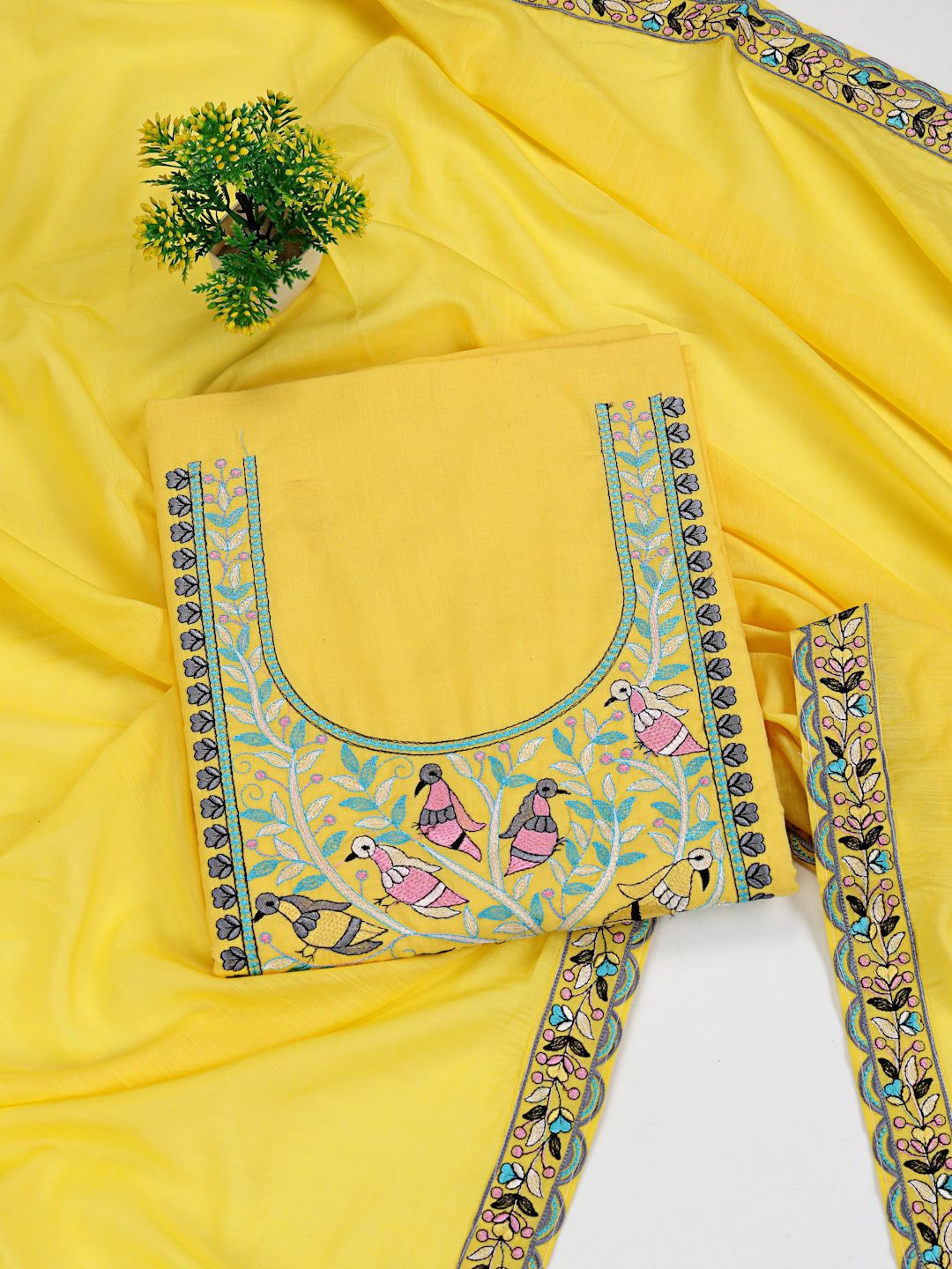 

Clora Creation Floral Embroidered Pure Cotton Unstitched Dress Material, Yellow