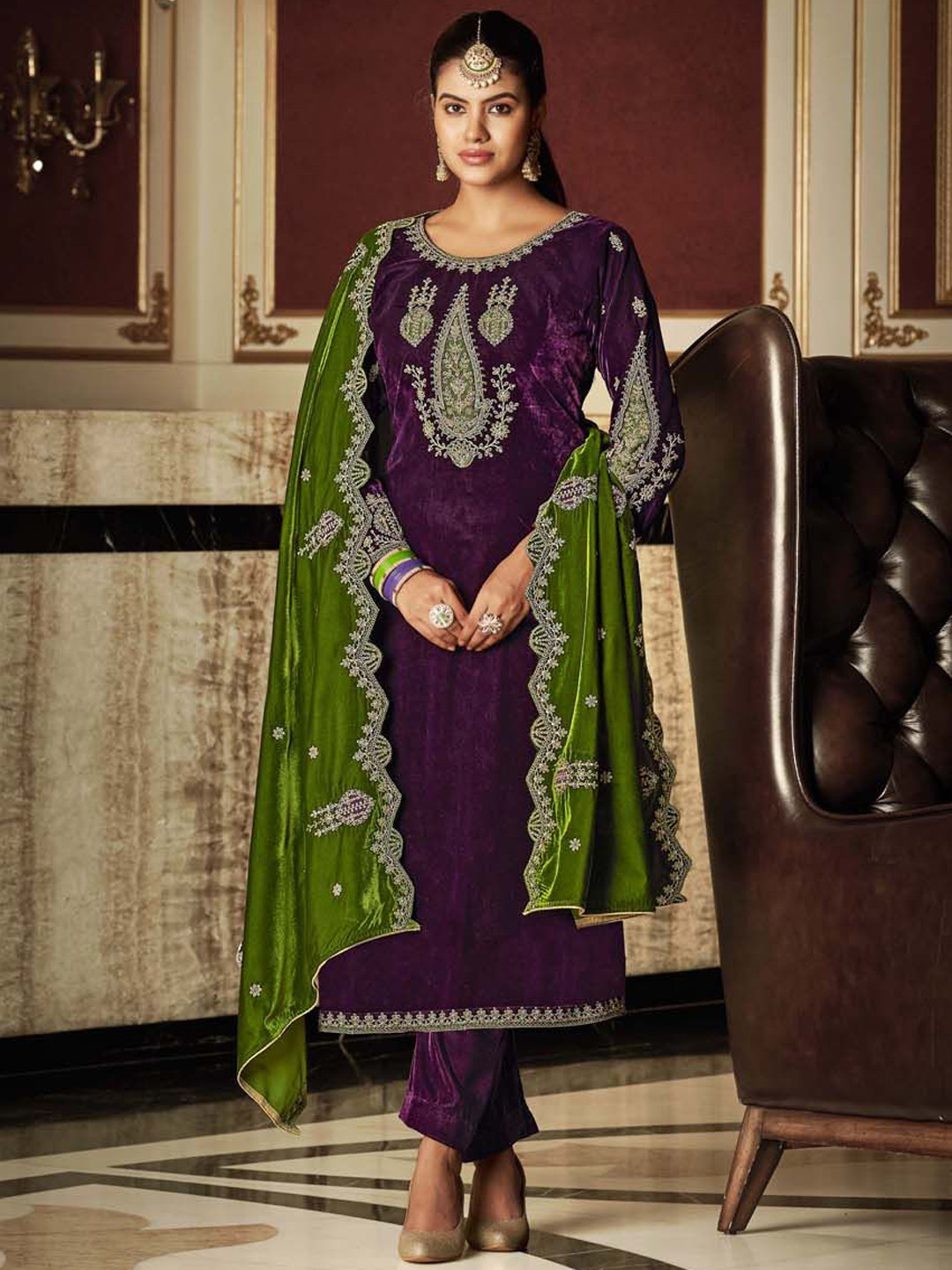 

Clora Creation Paisley Embroidered Zari Pure Velvet Unstitched Dress Material, Purple
