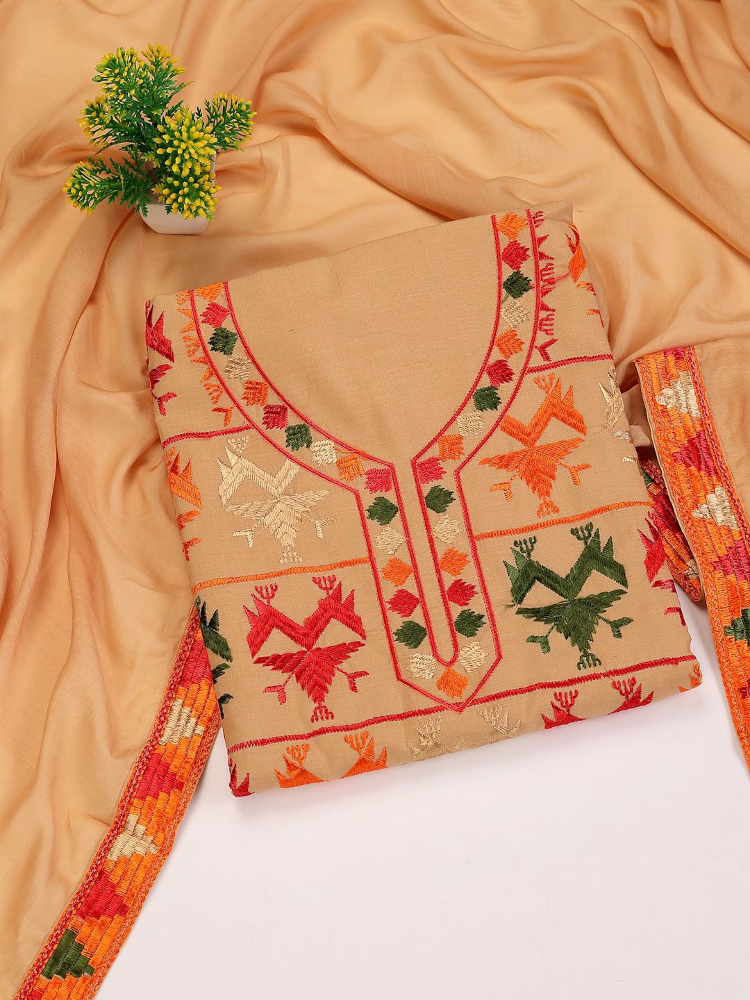 

Clora Creation Phulkari Embroidered Pure Cotton Unstitched Dress Material, Beige