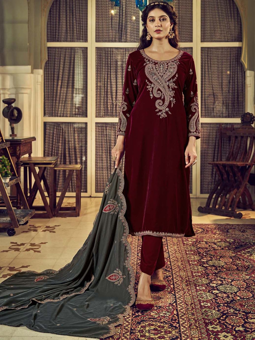 

Clora Creation Paisley Embroidered Zari Velvet Unstitched Dress Material, Maroon
