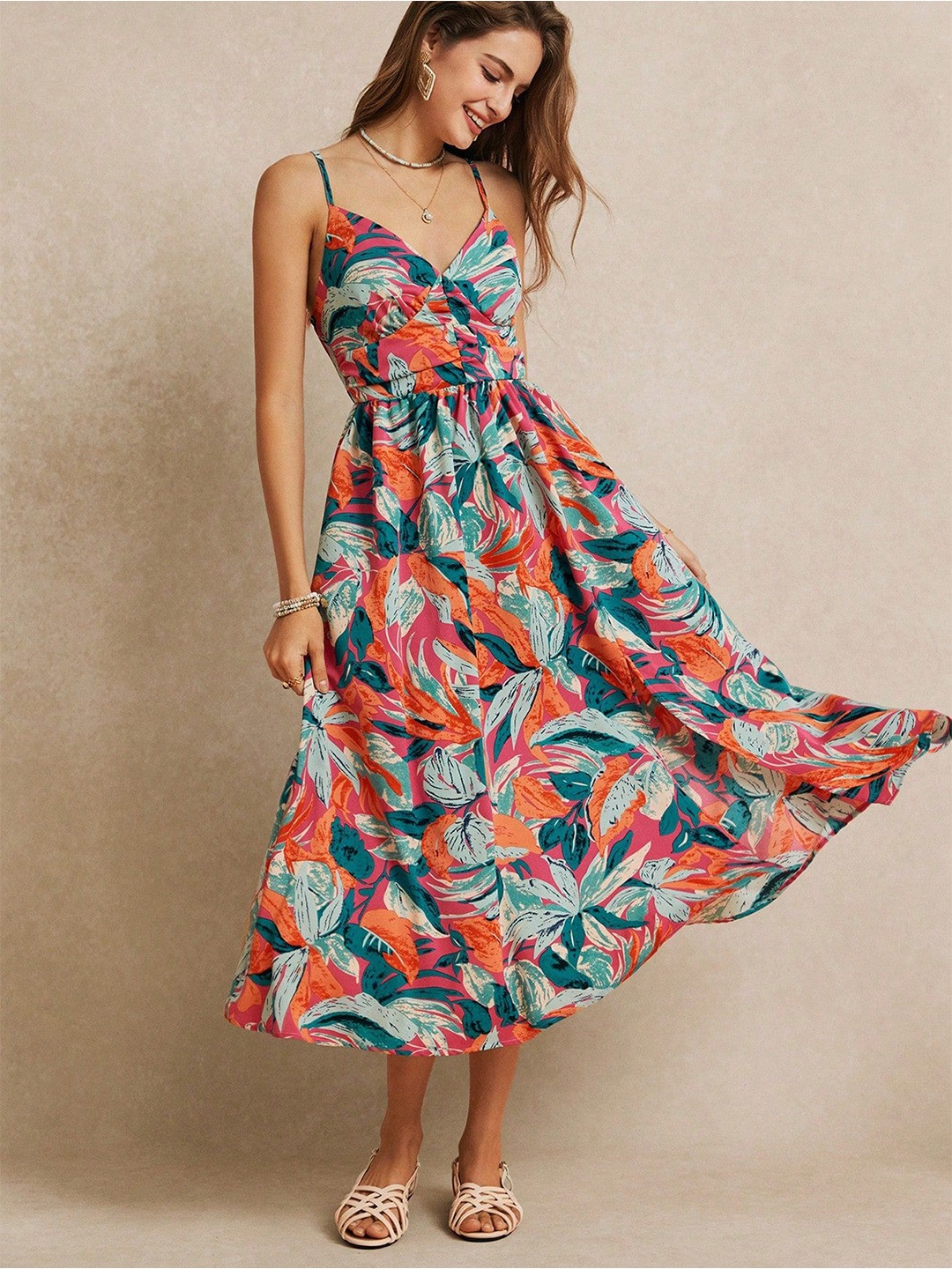 

ELYRAA Women Shoulder Straps Side Slit Printed Floral Fit & Flare Midi Dress, Orange