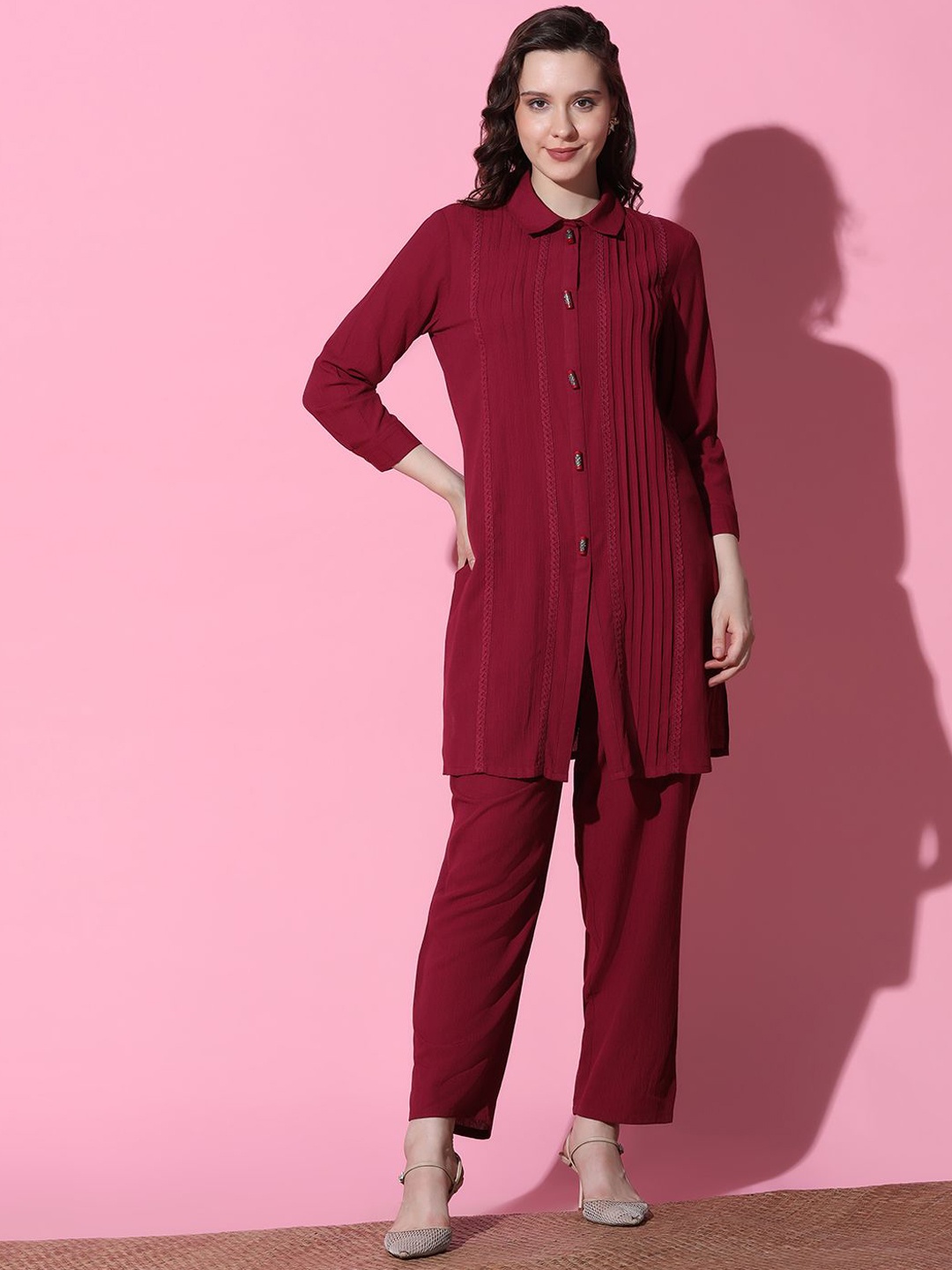 

FUTURO Shirt Collar Self Design Pure Cotton Top With Trouser, Maroon