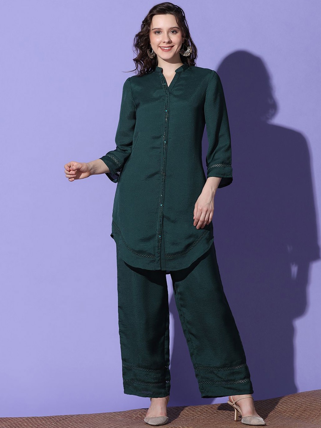 

FUTURO Self Design Mandarin Collar Tunic & Trouser, Green