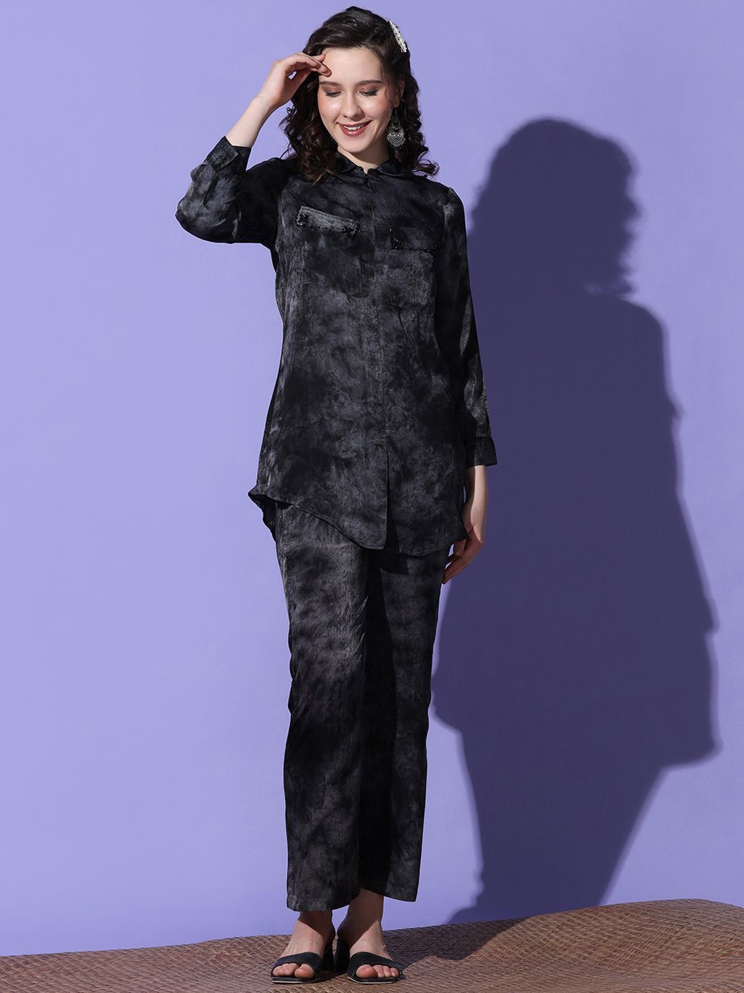 

FUTURO Shirt Collar Printed Shirt With Trousers, Black