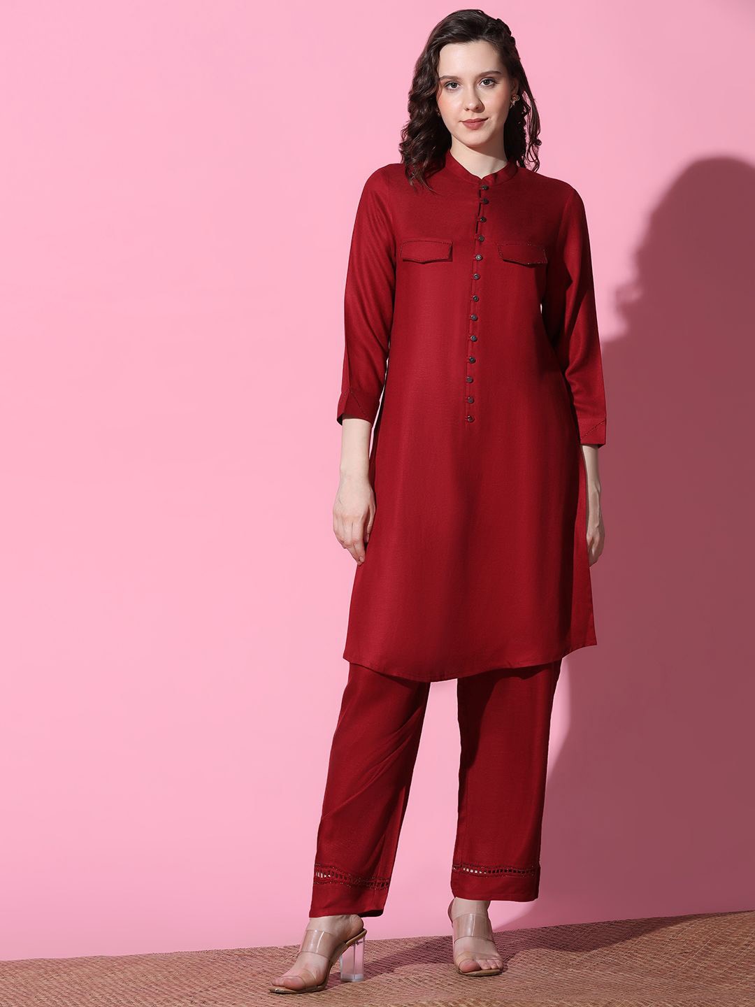 

FUTURO Mandarin Collar Tunic With Trouser, Maroon