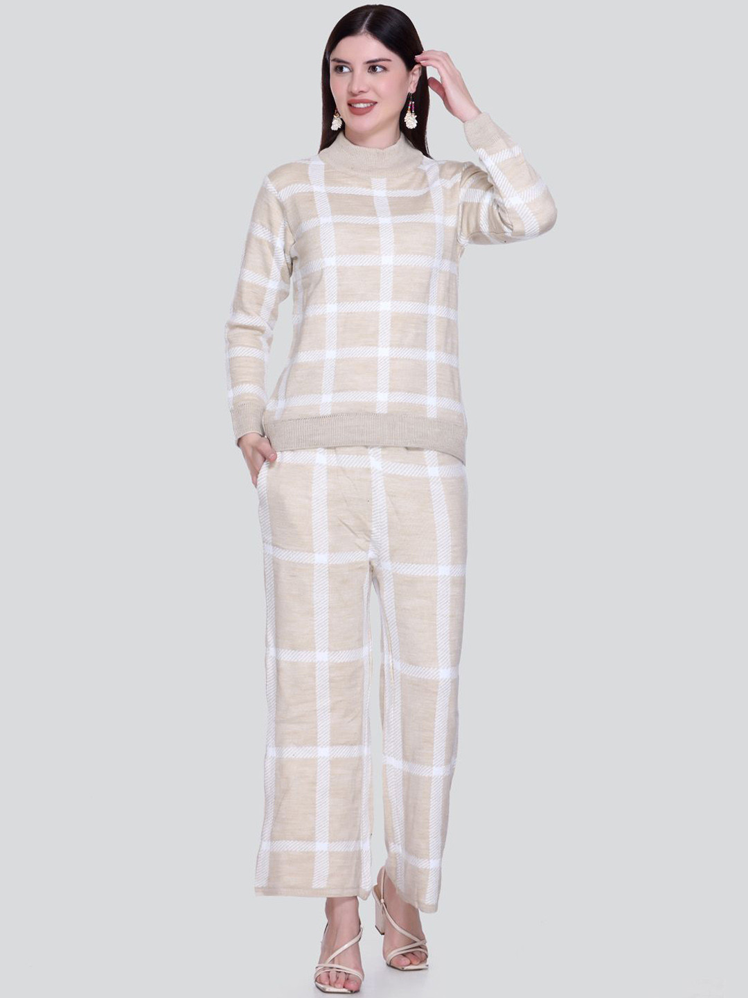 

Colors and Blends High Neck Checked Sweater With Trousers, Beige
