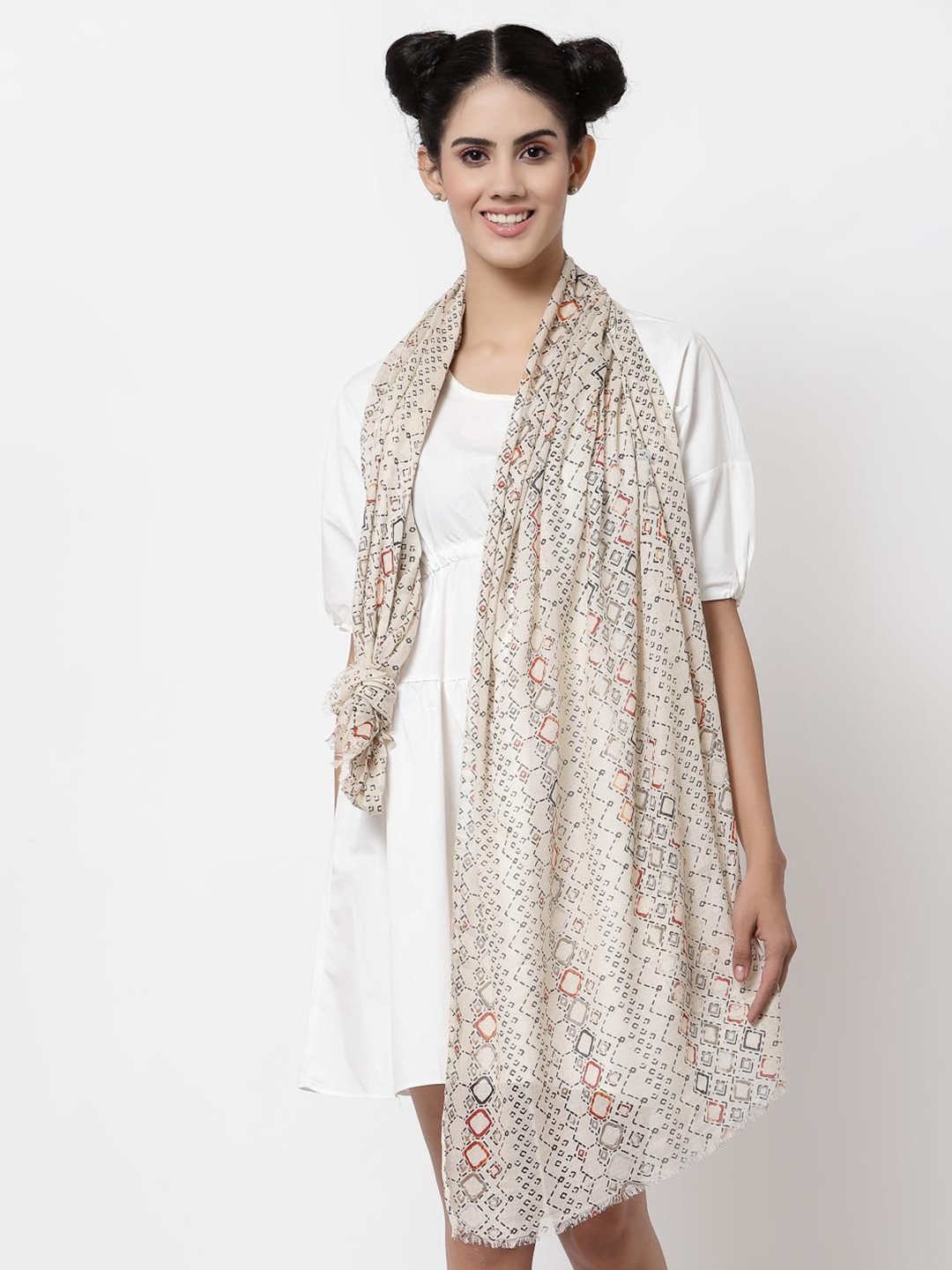 

J Style Women Geometric Printed Pure Cotton Stole, Cream