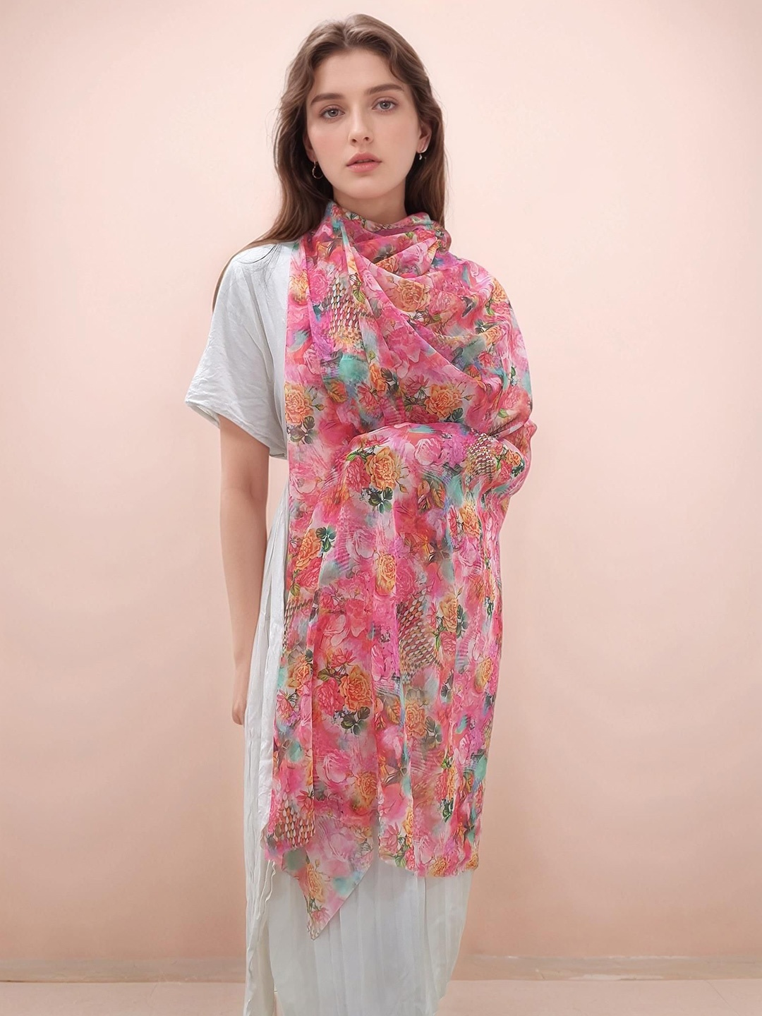 

J Style Women Floral Printed Stole, Pink