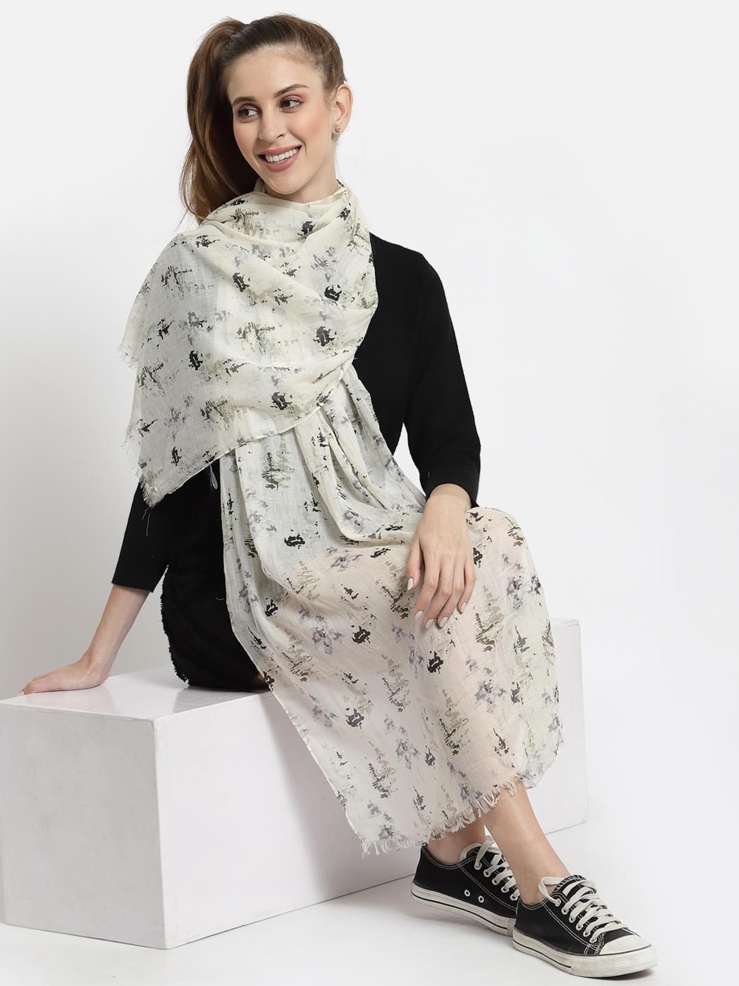 

J Style Women Printed Pure Cotton Stole, Cream