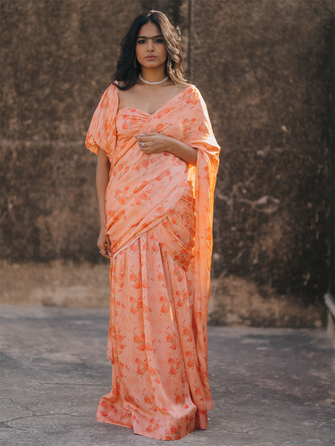 

BAARO MASI Floral Printed Draped Saree, Coral