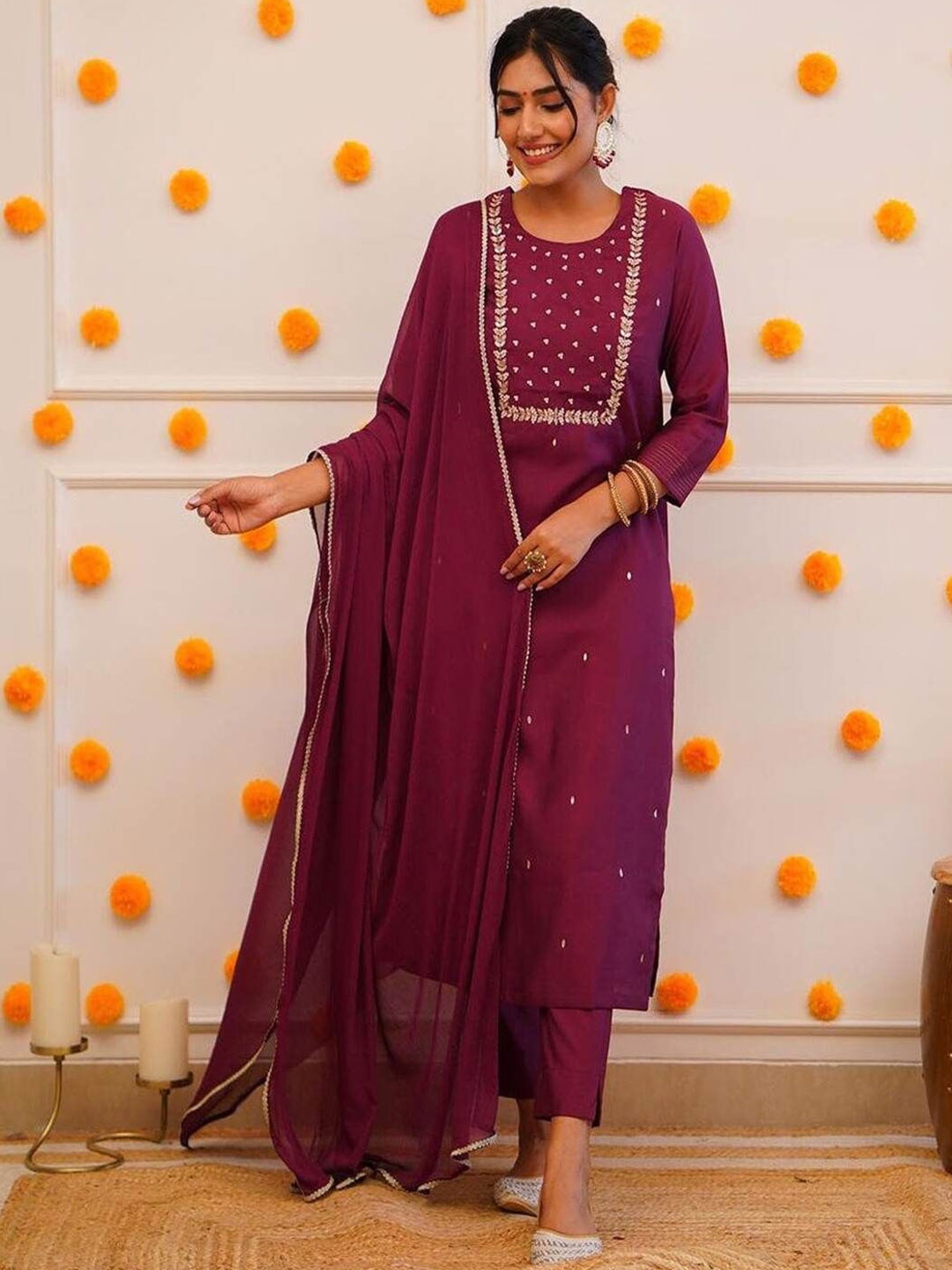 

SHIJILA Floral Embroidered Straight Kurta With Trousers & Dupatta, Maroon