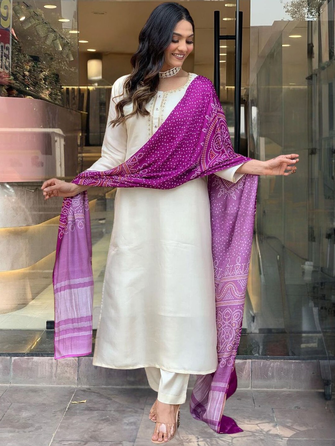 

SHIJILA Embroidered Thread Work Kurta with Trousers & Dupatta, Cream