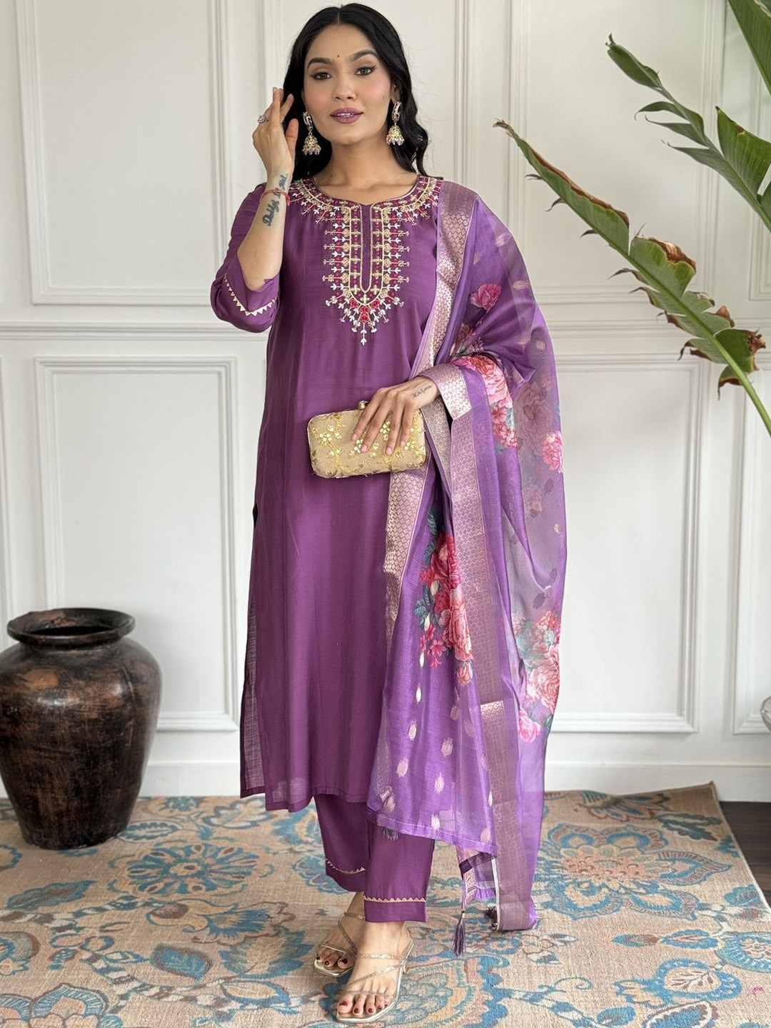 

SHIJILA Ethnic Motifs Embroidered Thread Work Kurta with Trousers & Dupatta, Purple