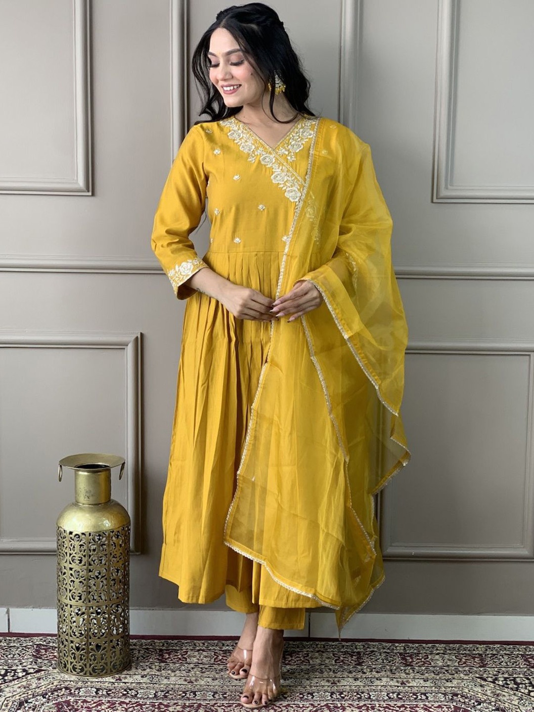 

SHIJILA Floral Embroidered Angrakha Kurta With Trousers & Dupatta, Mustard