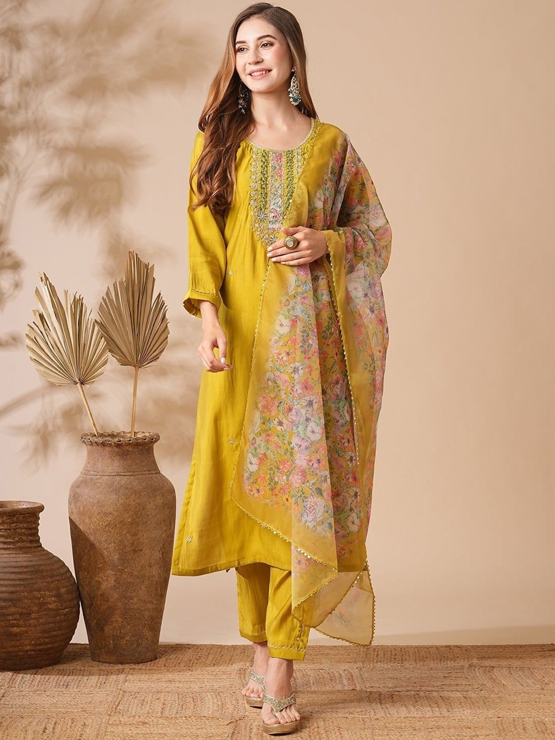

SHIJILA Floral Embroidered Straight Kurta With Trousers & Dupatta, Mustard