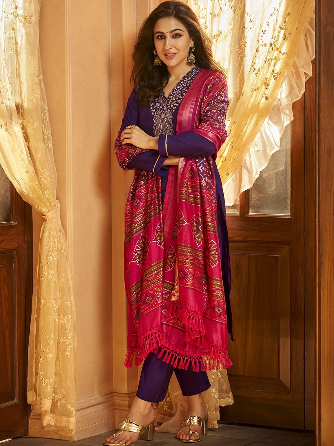 

PARTHVI Women Embroidered Regular Aari Work Pure Silk Kurti with Trousers & With Dupatta, Purple