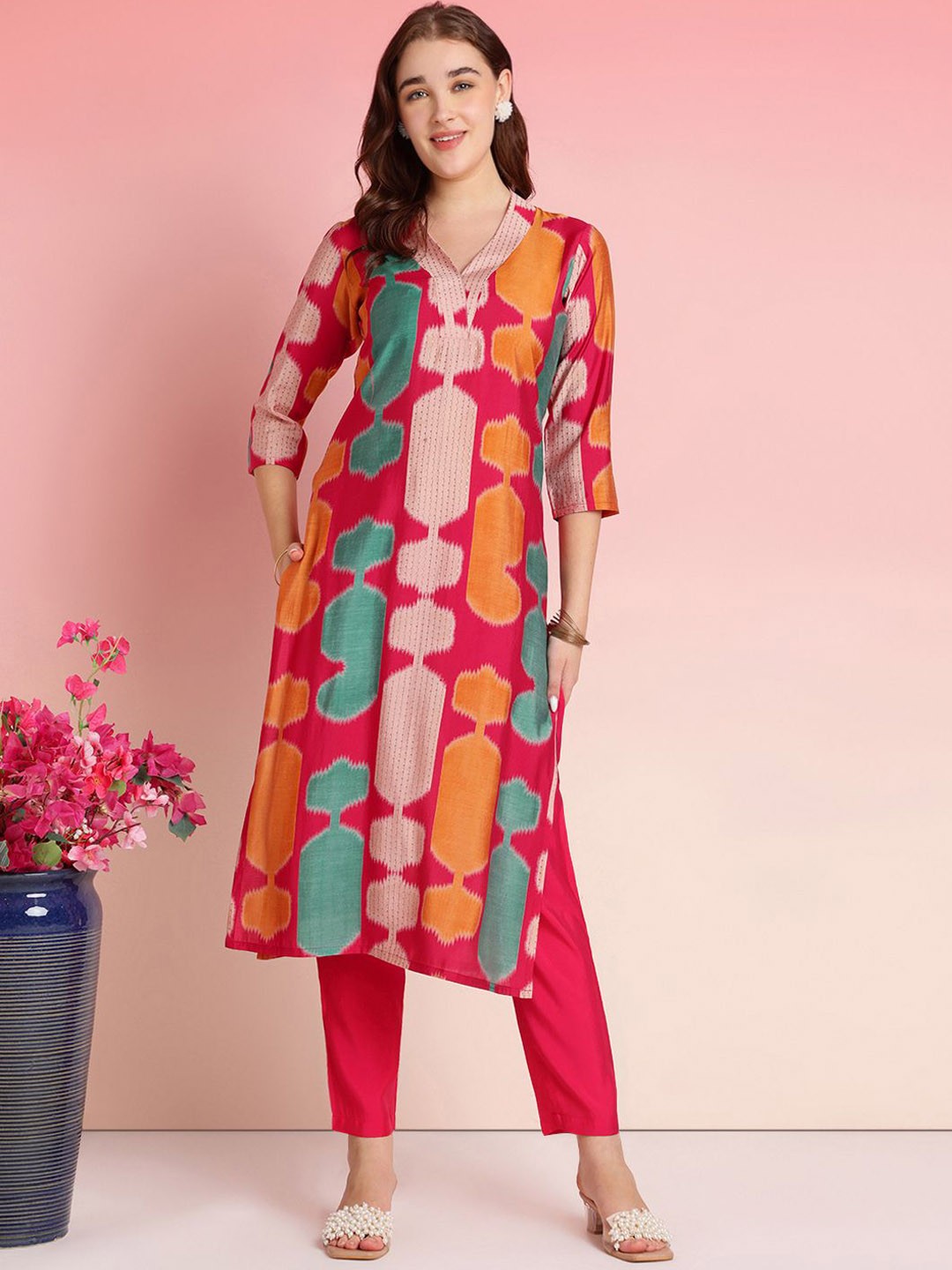 

KALINI Abstract Printed Sequinned V-Neck Straight Kurta With Trousers, Pink
