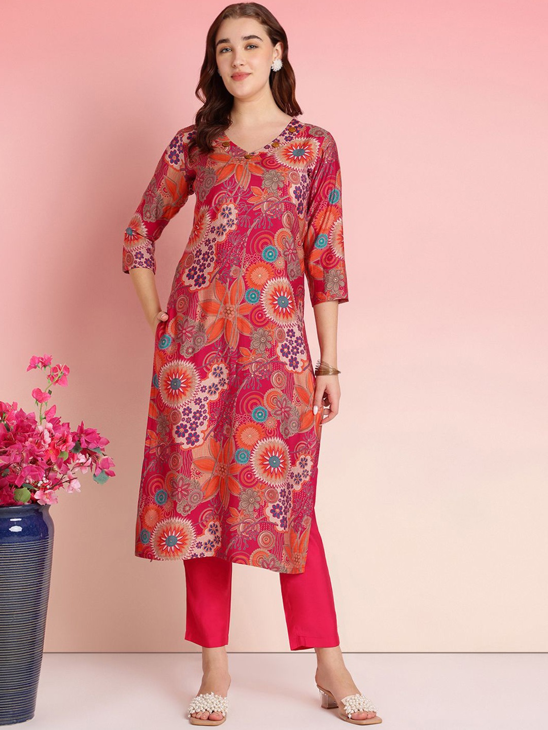 

KALINI Floral Printed V-Neck Straight Kurta With Trousers, Pink