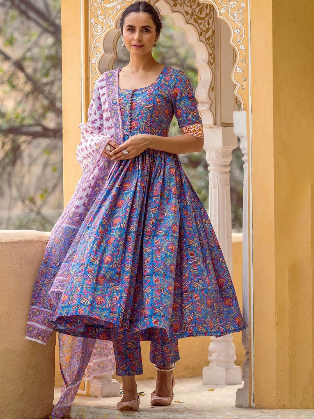 

KALINI Floral Printed Anarkali Kurta With Trousers & Dupatta, Purple