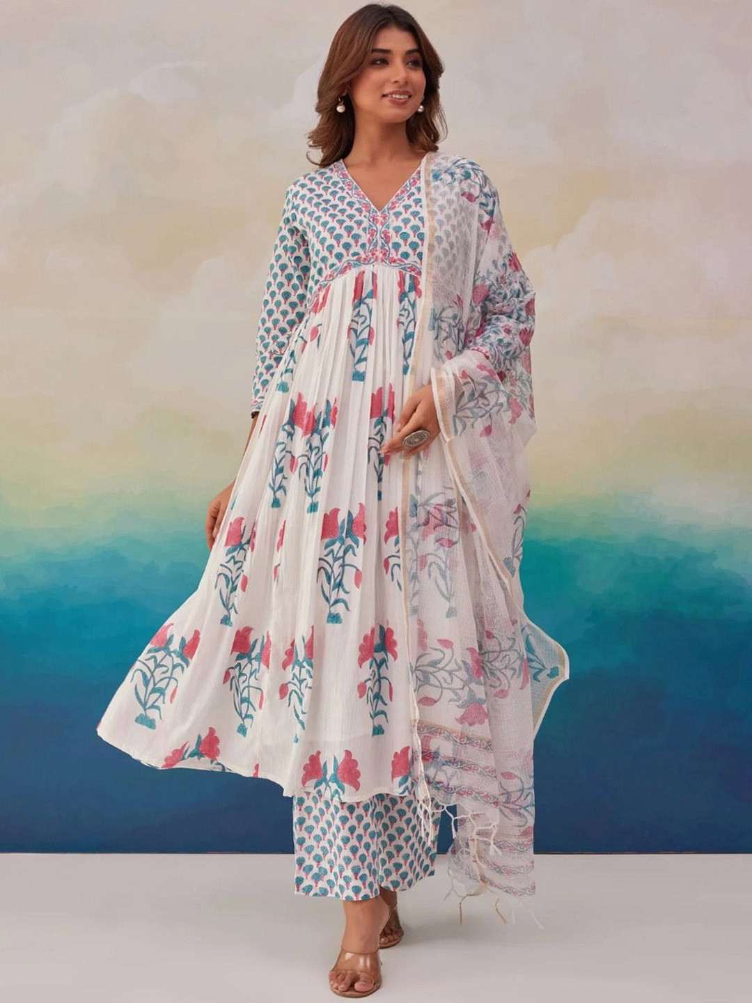 

KALINI Floral Printed V-Neck Anarkali Kurta With Trousers & Dupatta, Red